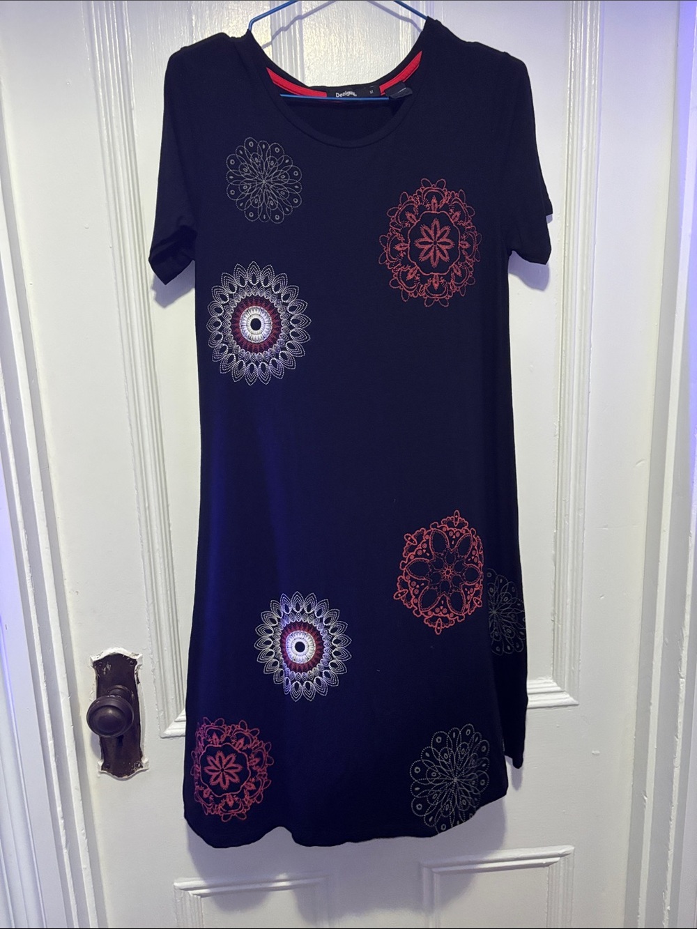 Black Short Sleeve Dress with Red and White Mandala Prints